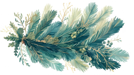 pine needles in cool green tones, minimalist winter composition on white background