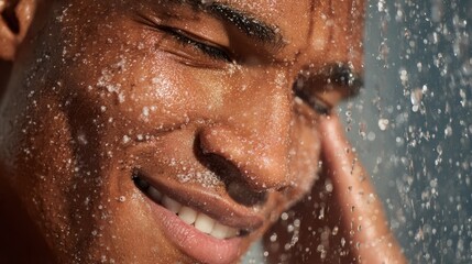 Man Enjoying Refreshing Water Droplets on His Face While Smiling in Bright Sunlight at an Outdoor Location During Daytime