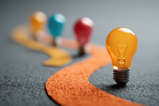Inspiring roadmap highlighting leadership and innovation with lightbulbs representing ideas and guidance on a creative journey