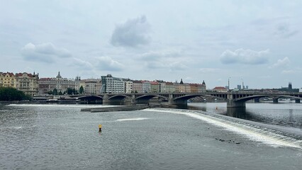 Vltava River in Prague with historic city view