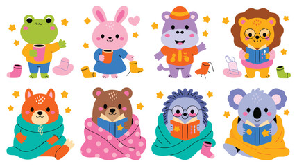 Fototapeta premium Cartoon Animals Frog, Rabbit, Hippo, Lion, Fox, Bear, Hedgehog, Koala With Blankets and Books