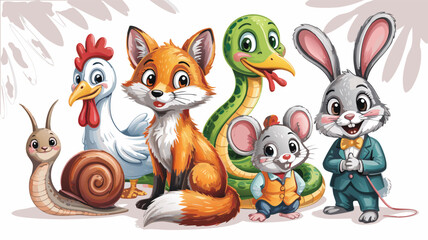 Naklejka premium Cartoon Animals Group Snail, Rooster, Fox, Snake, Mouse, and Rabbit Together in a Cute Illustration