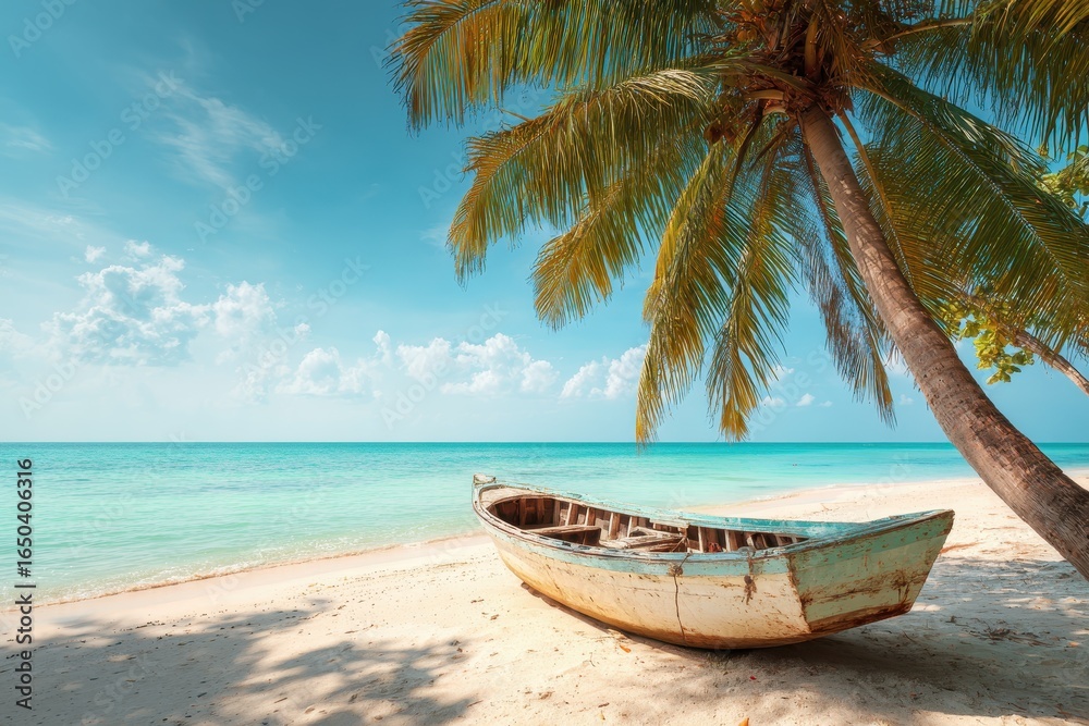 Canvas Prints boat rests on a sandy beach under the shade of a coconut palm tree with calm turquoise waters and a 
