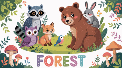 Naklejka premium Cartoon Forest Friends Cute Bear, Rabbit, Raccoon, Fox, Owl, and Bird in a Happy