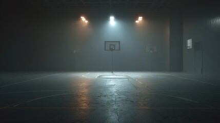 A dimly lit basketball court with a single hoop illuminated, creating a dramatic atmosphere.