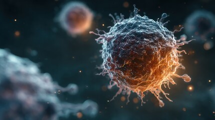 A detailed microscopic view of a virus, showcasing its intricate structure and vibrant colors against a dark background.