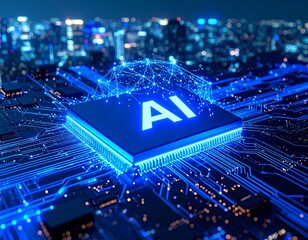 "Glowing AI Microchip with Futuristic City &ndash; Digital Technology Innovation"