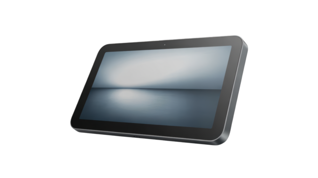A black tablet device with a gray screen displaying a reflection, isolated on transparent background