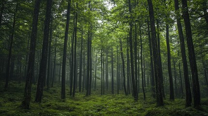 Lush forest canopy in a misty woodland.