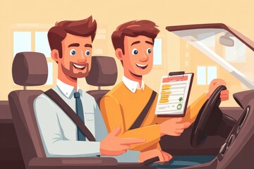 Driving license exam with a man receiving instruction from his driving instructor in a car at a testing location during daylight