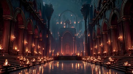 Fototapeta premium Grand medieval cathedral hall glowing with firelight high resolution image
