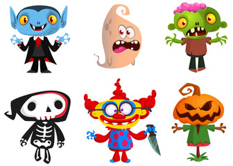 Cartoon set of Halloween characters design. Vector mummy zombie vampire ghost grim reaper devil werewolf witch pumpkin head. For party decoration or package design