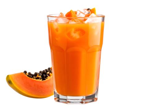 Papaya juice with ice in a clear glass isolated on transparent background