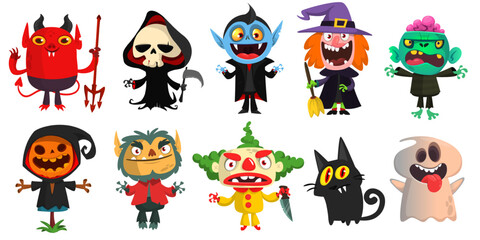 Cartoon set of Halloween characters design. Vector mummy zombie vampire ghost grim reaper devil werewolf witch pumpkin head. For party decoration or package design