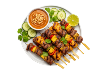 Grilled skewers with peanut sauce and fresh vegetables.