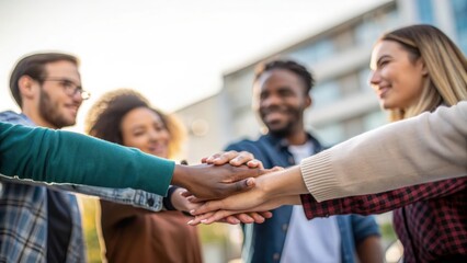 Group of diverse people joining hands together — symbolizing unity, trust, and mutual support