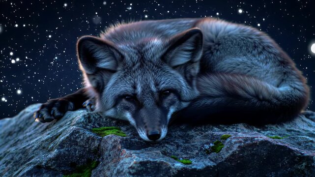 Sleeping Silver Fox Curled on Rocky Ledge Under Starry Night Sky in an Enchanting Scene
