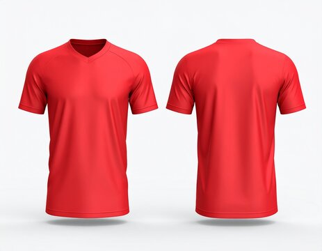 High quality 3D render of a blank red sports jersey mockup showing front and back view isolated on white background. Perfect template for soccer, football, or athletic uniform design. This photorealis