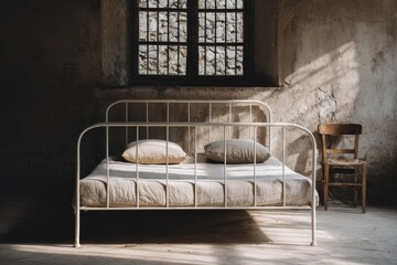 Rustic bedroom with white bed, sunlight through window