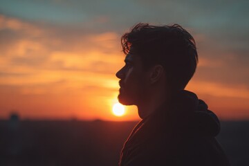 Fototapeta premium Man gazes thoughtfully at the colorful sunrise while silhouetted against the brightening sky in a tranquil setting