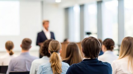 Obraz premium Presenter addressing students in conference room — scientific training event at university campus