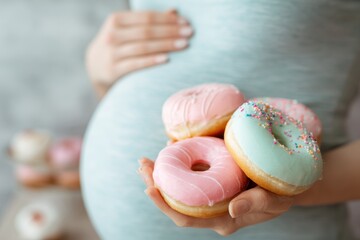 Pregnant woman enjoying colorful donuts resting on her belly while smiling in a cozy kitchen setting, embracing cravings with delightful treats during her pregnancy journey