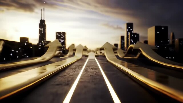 Golden Arrows Rising Above Cityscape Towards Cloudy Sky in Evening Light