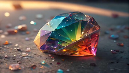 Rainbow faceted gemstone on textured surface with scattered crystals diamond