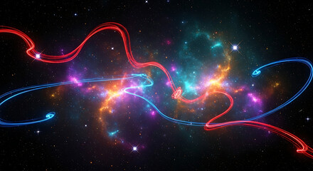 Glowing red and blue energy streams intertwine in a vibrant cosmic nebula against a starry background.