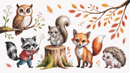 Obraz premium Watercolor Woodland Animals Featuring Owl, Raccoon, Squirrel, Fox, and Hedgehog Illustrations on a White Background