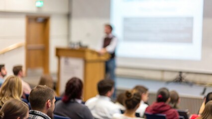 Male academic giving talk in university setting — audience engaged in educational conference