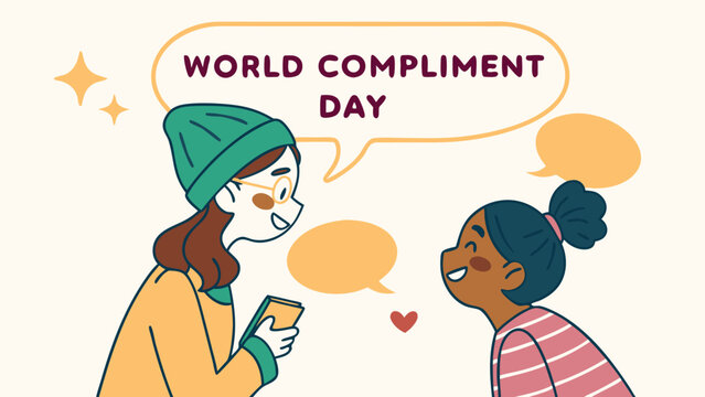 Happy diverse girls exchanging compliments, World Compliment Day, cheerful cartoon style