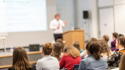 Obraz premium Workshop presentation in lecture hall — scientific speaker addressing crowd of students