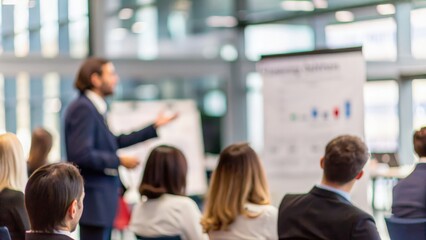 Fototapeta premium Professional presenting at corporate event — showcasing innovative solutions to team