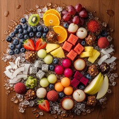 Fresh tropical fruit platter with chocolate on ice