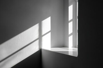 Obraz premium Light streaming through a window casts striking shadows on a white wall, creating a tranquil atmosphere in a sunlit room during the late afternoon hours