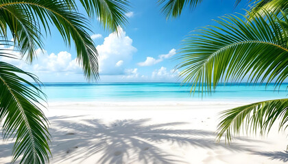 Obraz premium A stunning tropical beach scene featuring white sand, turquoise waves, and palm leaves gently framing the view. The clear blue sky with soft clouds creates a refreshing summer aesthetic, perfect for v