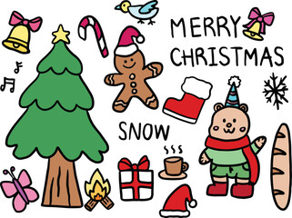 Hand drawn Christmas illustrations of Christmas tree, gift box, candy cane, bell and red ribbon, gingerbread man cookie, Santa sock, bread loaf, teddy bear with red scarf, snowflake, camp fire, bird