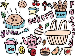 Hand drawn Christmas illustrations of winter pie, bread loaf, candy cane, warm drink, cherry, basket, cherry jam, cake slice, melon, strawberry cake, apple, fork, bread and jam, walnut, star, bakery