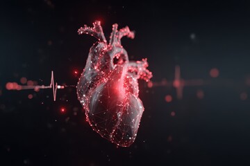 Futuristic medical representation of a red human heart integrated with technology, showcasing advanced healthcare possibilities in a digital environment