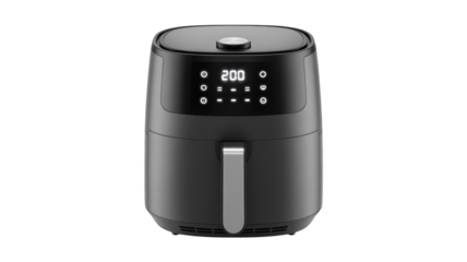 Black air fryer with digital display showing 200 degrees, isolated on transparent background