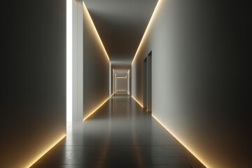 Obraz premium Modern minimalist corridor features sleek lines and warm illuminated edges, showcasing contemporary design with a tranquil atmosphere