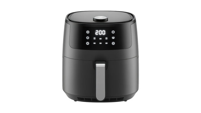 Black air fryer with digital display showing 200 degrees, isolated on transparent background