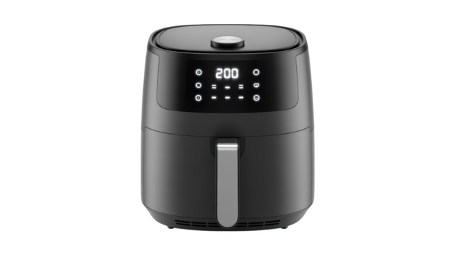 Black air fryer with digital display showing 200 degrees, isolated on transparent background