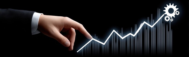 A hand points to an upward trend graph with gears