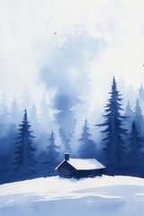 Winter Cabin in Snowy Landscape: A serene winter scene depicts a rustic cabin nestled amidst a snow-covered landscape, with tall, snow-laden trees and a light snowfall creating a peaceful.