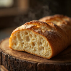 a close-up of a freshly baked loaf of bread, cut to reveal its airy interior. The bread rests on a wooden surface.