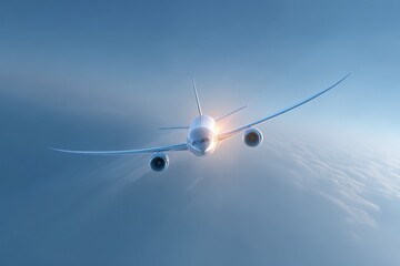 Futuristic commercial airplane soaring high above the clouds during a bright sunrise, showcasing sleek design and advanced aerodynamics