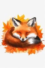 Fototapeta premium Autumn Fox Dreamscape: A charming fox, depicted in an artistic illustration, nestled amongst vibrant autumn leaves, creating a serene and whimsical scene that embodies the essence of fall.