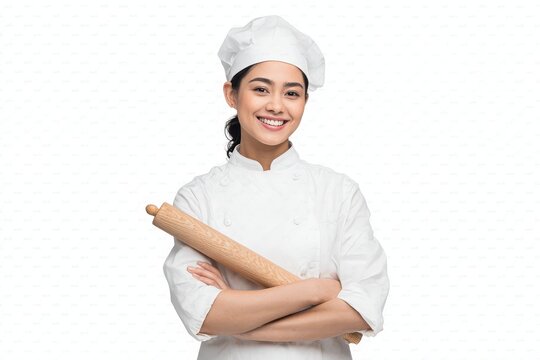 Baker chef woman smiles joyfully while holding a rolling pin in a bright kitchen setting